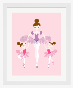 Ballerina & Twins In Pink & Purple Framed Art Print - Cartoon Ballet Mom Daughter #1505510