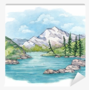 Watercolor Illustration Of Lake And Mountains Wall - Aquarell See #1507232