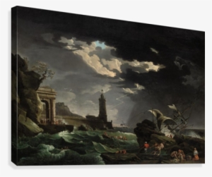 Shipwrecked Figures Off A Lighthouse In A Storm Canvas - Maritime Art - A Shipwreck Scene By Claude-joseph Vernet #1517869