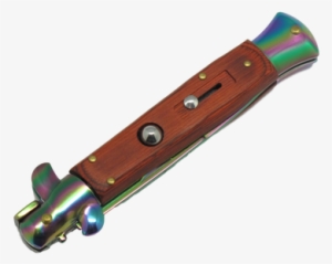 Wood Stiletto Switchblade With Rainbow Blade - Stiletto #1531166