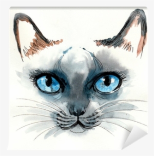 Watercolor Sketch Of A Blue Eyed Cat Wall Mural • Pixers® - Peinture Geometrique D Un Chat #1580019