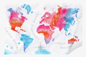 Watercolor World Map Pink Blue Self-adhesive Wall Mural - Carte Du Monde Noir Et Blanc #161279
