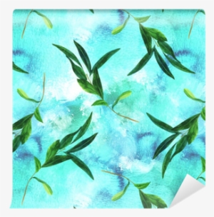 Seamless Pattern With Watercolor Olive Branch On Blue - Background Website #1608130