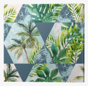 Watercolor Tropical Leaves And Palm Trees In Geometric - Watercolor Painting #1659016
