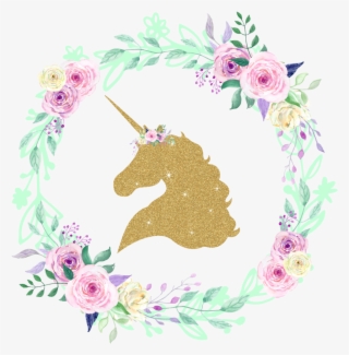 Gold Glitter Unicorn Center Floral Wreath Iron On - Glitter Unicorn #171901 Gold Glitter Unicorn Center Floral Wreath Iron On - Glitter Unicorn #171901