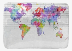 Watercolor World Map On A Brick Wall Bath Mat • Pixers® - Map Of The World Black #175064