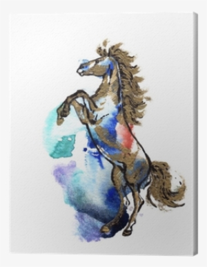 Rearing Horse Black And Gold Drawing On A Watercolor - Watercolor Painting #176813