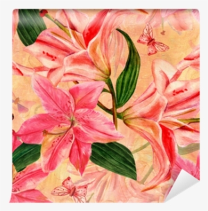 Seamless Golden Pattern With Watercolor Lilies And - Tender Pink Lilies And Butterflies Round Pill Box/pill #1736844