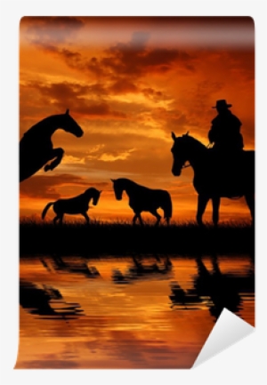 Silhouette Cowboy With Horses In The Sunset Wall Mural - Horse #1765784