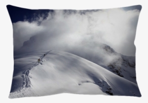 Skiers Climbing A Snowy Mountain Throw Pillow • Pixers® - Snow Backcountry #1802076