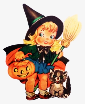 Witch Girl With Cat - Halloween Vintage Card Cute #1846666