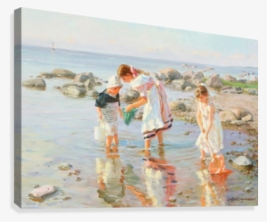 Three Children Playing Canvas Print - Collecting Sea Shells Paintings #1884080
