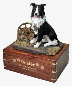 Border Collie Dog Figurine Wood Urn Engraved With Gold - Engraved Plate For Dog Ashes #1897158