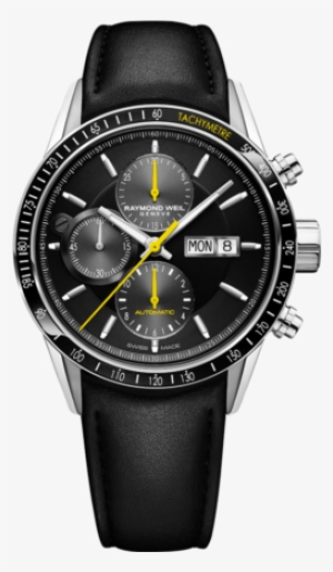 Stainless Steel, Black Leather Strap, Black Dial, Tachymeter - Raymond Weil Chronograph #1944525
