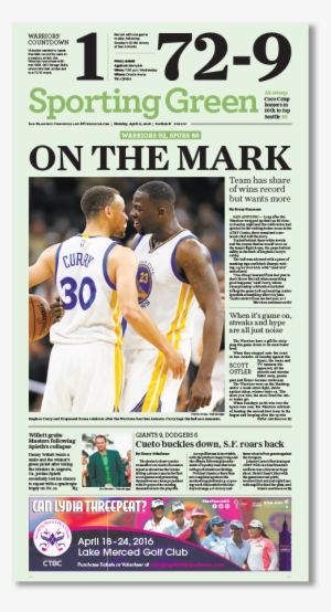 Golden State Warriors "on The Mark" 72 Wins Cover Print - Newspaper #1979123