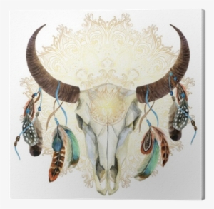 Watercolor Cow Skull With Feathers Canvas Print • Pixers® - Steer Skull With Feathers #1990479