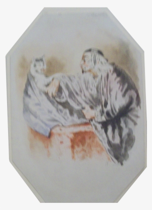 Scholar Talking With Cat Watercolor C - Watercolor Painting #21266