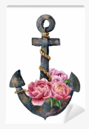 Watercolor Retro Anchor With Rope And Peony Flowers - Transparent Watercolor Rope #26899