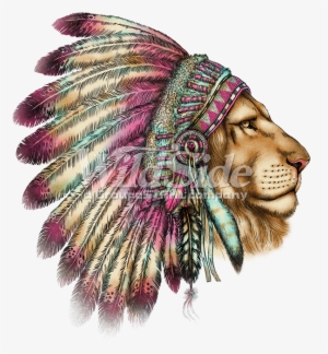 Lion Head In Indian Headdress - Tatuajes De Leon Con Plumas #207474