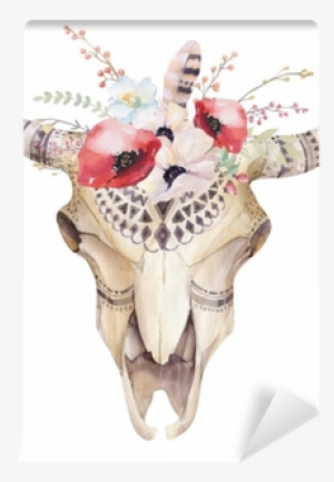 Watercolor Bohemian Cow Skull - Cow And Flowers #208120