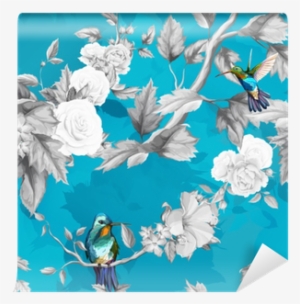 Humming Bird, Roses, Peony With Leaves On Vivid Blue - Euclidean Vector #2041701