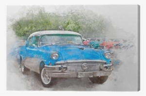 Blue Old Car In Cuba, Watercolor Canvas Print • Pixers® - Watercolor Painting #2075823