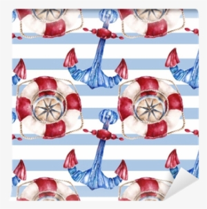 Seamless Pattern With Lifebuoy, Anchor And Compass - Watercolor Painting #213545