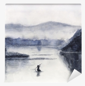 Watercolor Fishing Boat And Island With Mountains - Watercolor Painting #2116693