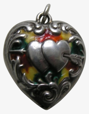 Antique Green Orange Yellow Mottled Enameled Double - Locket #2150214