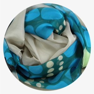 Silk Scarf Printed Green Polka Dots Beige Turquoise - Silk #2164997