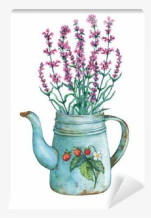 Vintage Blue Metal Teapot With Strawberries Pattern - Vintage Lavender Flowers #2197055