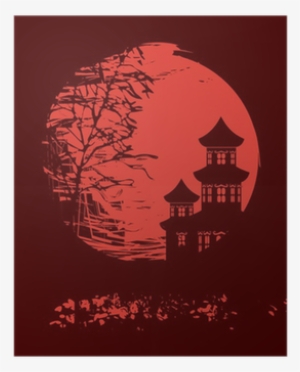 Autumn Tree And Two Pagodas On A Red Moon - Illustration #2216461