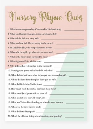 Printable Nursery Rhyme Quiz For Baby Shower By Littlesizzle - Nursery Rhyme Trivia Quiz #2328944