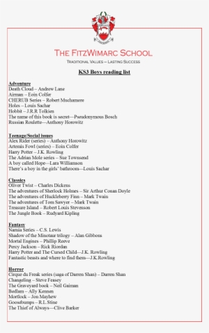 Ks3 Boys Reading - Ks3 Recommended Reading List Pdf #2331900
