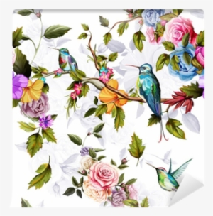 Humming Bird, Roses, Peony With Leaves On White - Happiness İst. Kadın Beyaz Kuş Baskılı Bluz #2381113