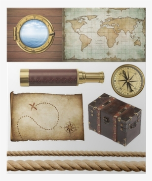 Nautical Objects Set Isolated - Art Print: Kuzmin's Aged Old World Map, 61x41in. #2393487
