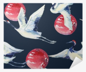 Watercolor Asian Crane Bird Seamless Pattern Poster - Watercolor Painting #2397419