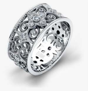 This Lovely 14k White Gold Scroll Pattern Band Is Adorned - Ring #2418658