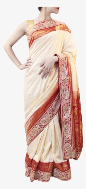 Cream And Red Saree - Silk #2448155