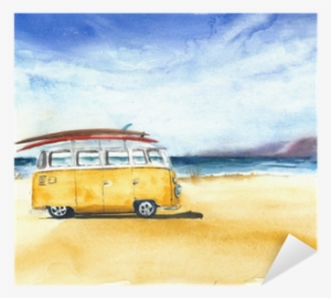 Beach Landscape Minivan Surfboards Yellow Bus Travel - Watercolor Painting #2489412