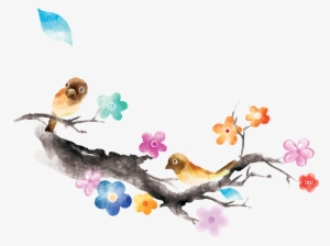 水墨花枝鸟 - Watercolor Painting #2492649