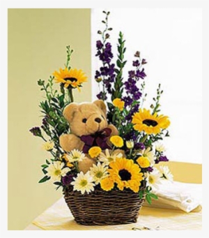 Cute Angle Flower Bunch - Teddy Bear And Flowers In A Basket #2523092