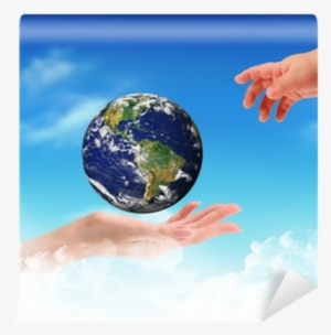 Globe In Human Hand Against Blue Sky Wall Mural • Pixers® - Planet Earth #2535906