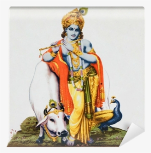 Image Of Hindu God Krishna With Cow, Peacock , Flute - Lord Krishna With Cow #2550439