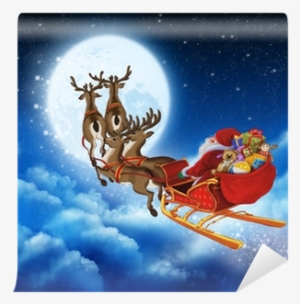 Santa Claus On Reindeer Flying Through The Sky Wall - Święty Mikołaj I Renifery #2552827