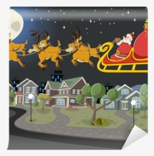 Santa Claus On Sleigh With Reindeer Flying Over Suburb - Rysunek Mikołaja W Saniach #2552997