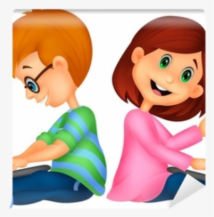Happy Boy And Girl Operating Laptop Wall Mural • Pixers® - Girl With Laptop Cartoon #2585949