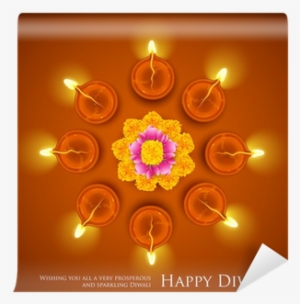 Decorated Diwali Diya On Flower Rangoli Wall Mural - Diwali Decorations With Flowers And Diya #2594724