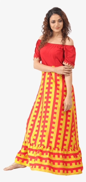Bahubali 2 Red & Yellow Printed Rufescent Dress - Bahubali Dress #264898