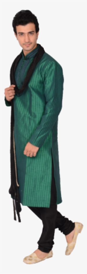 Emerald Green Katan Silk Kurta With Thread Neck Detail - Emerald Green Mens Kurta #2600037